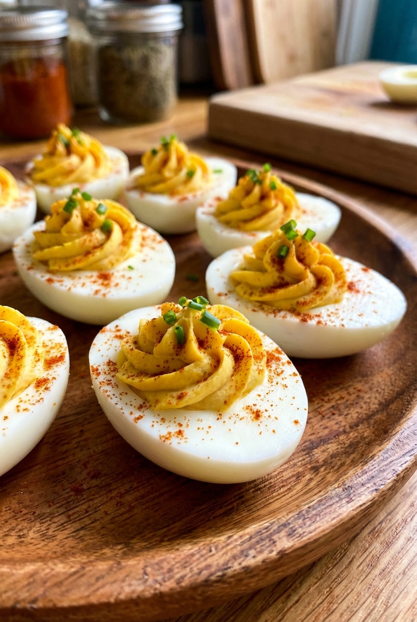 A close-up of deviled eggs with smooth piped filling and a sprinkle of smoked paprika