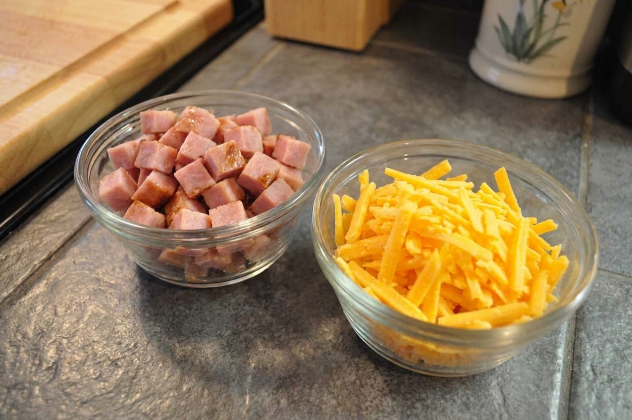 A close-up of diced cooked ham and shredded sharp cheddar cheese in separate bowls on a kitchen counter