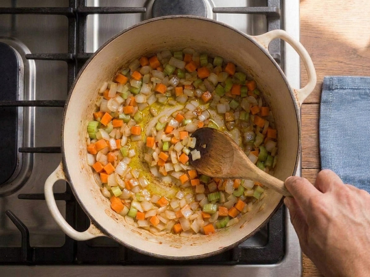 A close-up of diced onion, carrot, and celery sautéing in olive oil in a Dutch oven with a wooden spoon stirring