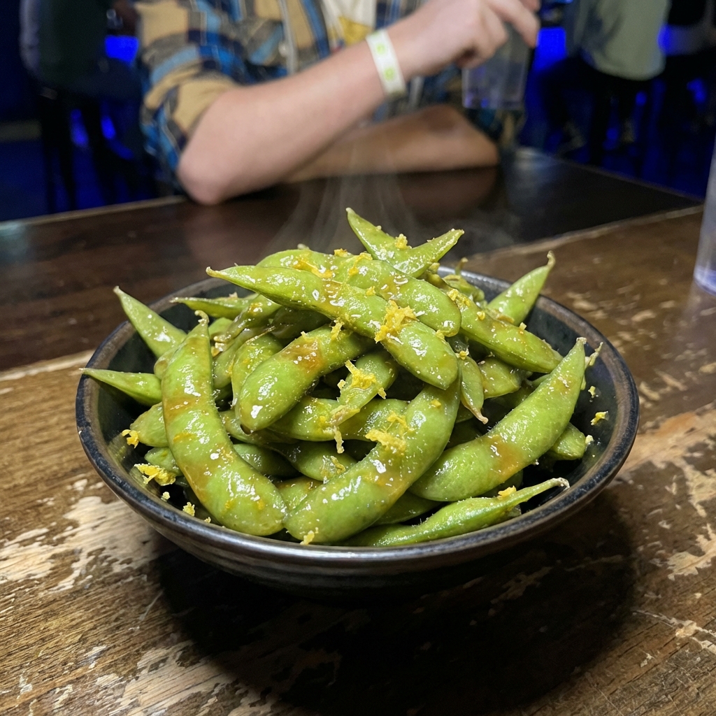 A close-up of edamame in the pod coated in a glossy citrus sauce with visible lemon zest