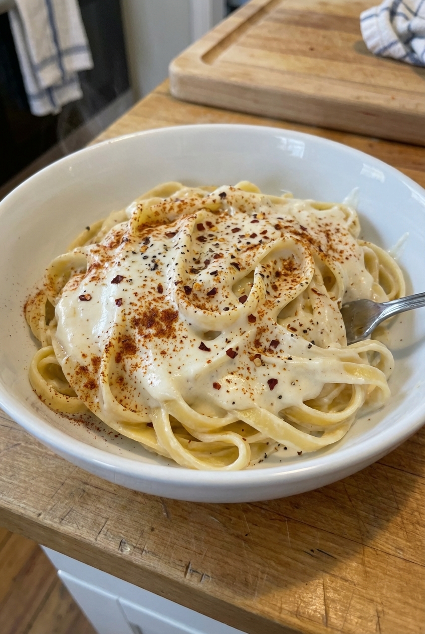 A close-up of fettuccine coated in creamy Alfredo sauce with specks of smoked paprika and red pepper flakes