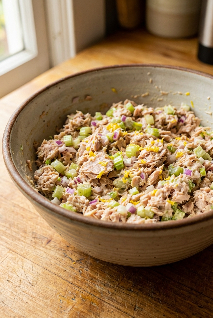 A close-up of flaked tuna salad mixed with diced celery and red onion, with visible lemon zest in a mixing bowl