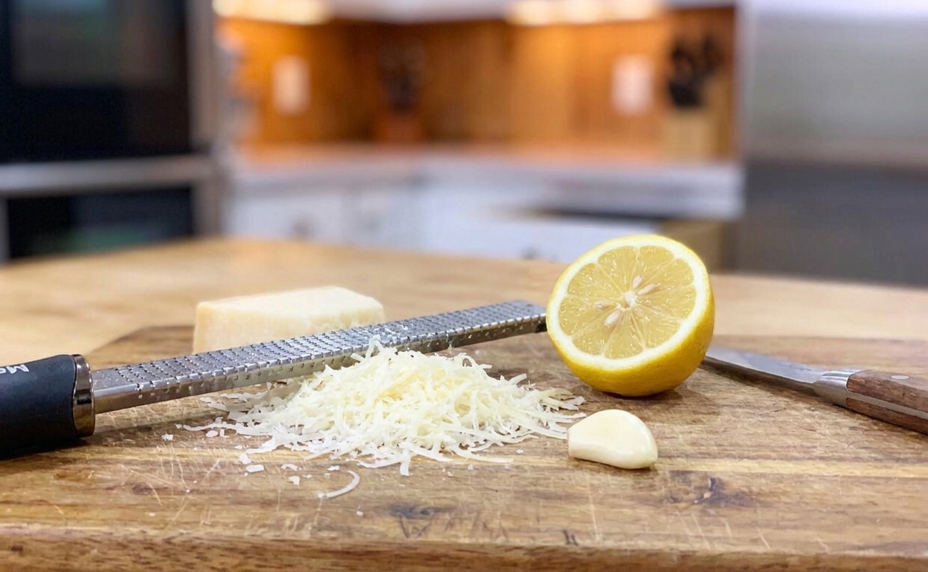 A close-up of freshly grated Parmesan, a halved lemon, and a peeled garlic clove on a wooden cutting board in a home kitchen
