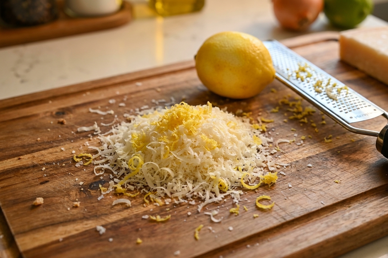 A close-up of freshly grated Parmesan and lemon zest on a cutting board beside a lemon and a microplane, soft warm kitchen light