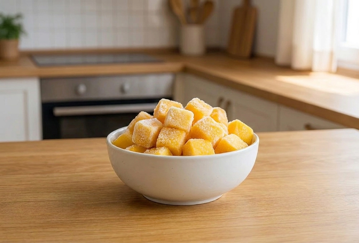 A close-up of frozen mango chunks in a white bowl on a kitchen counter, bright natural light