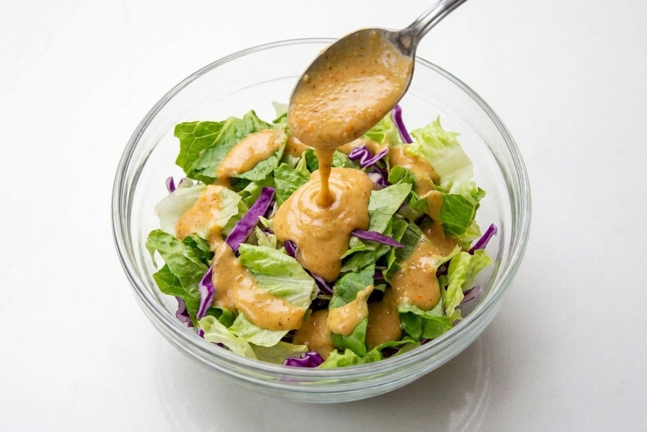 A close-up of ginger dressing being drizzled from a spoon onto a bowl of crisp lettuce and shredded cabbage on a dinner table