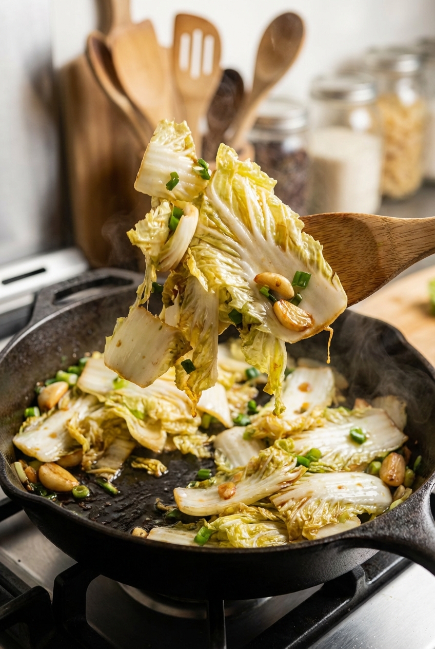 A close-up of glossy Napa cabbage being tossed in a skillet with garlic and scallions