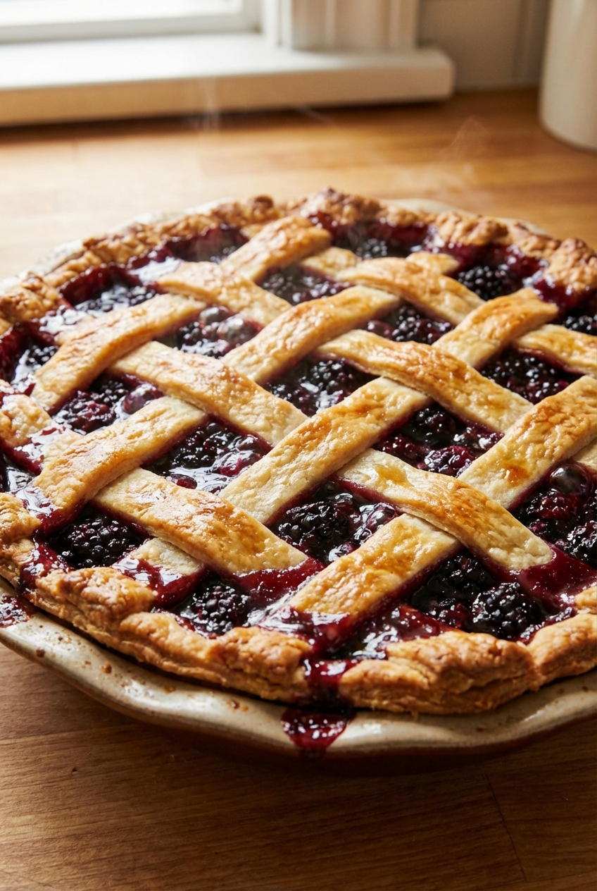 A close-up of glossy blackberry pie filling bubbling through a lattice crust in a baking dish