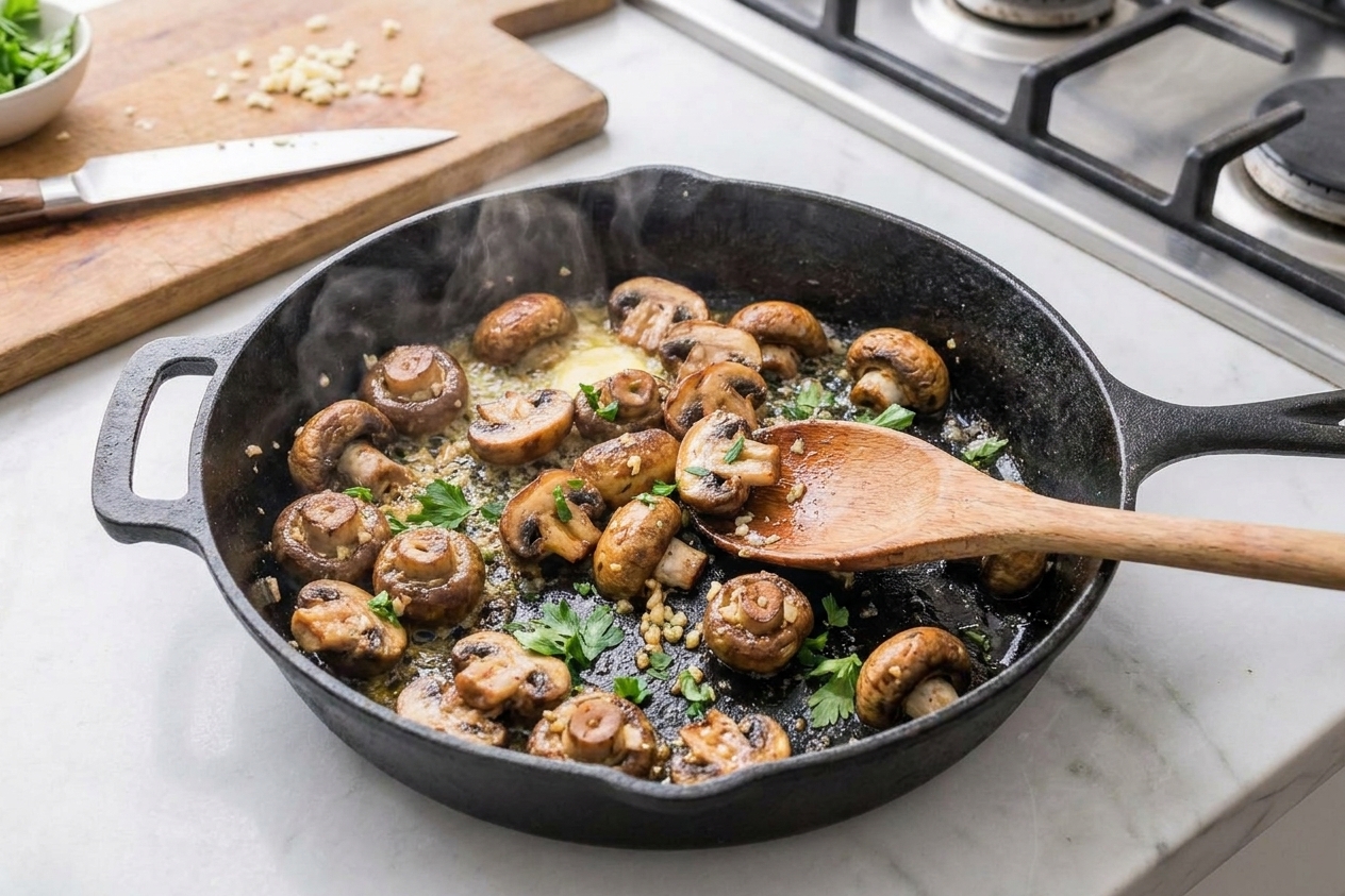 A close-up of golden-brown sauteed mushrooms with crisp edges in a cast iron skillet, finished with butter, parsley, and flaky salt