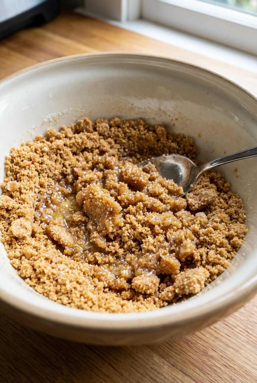 A close-up of graham cracker crumbs mixed with melted butter and sugar in a mixing bowl