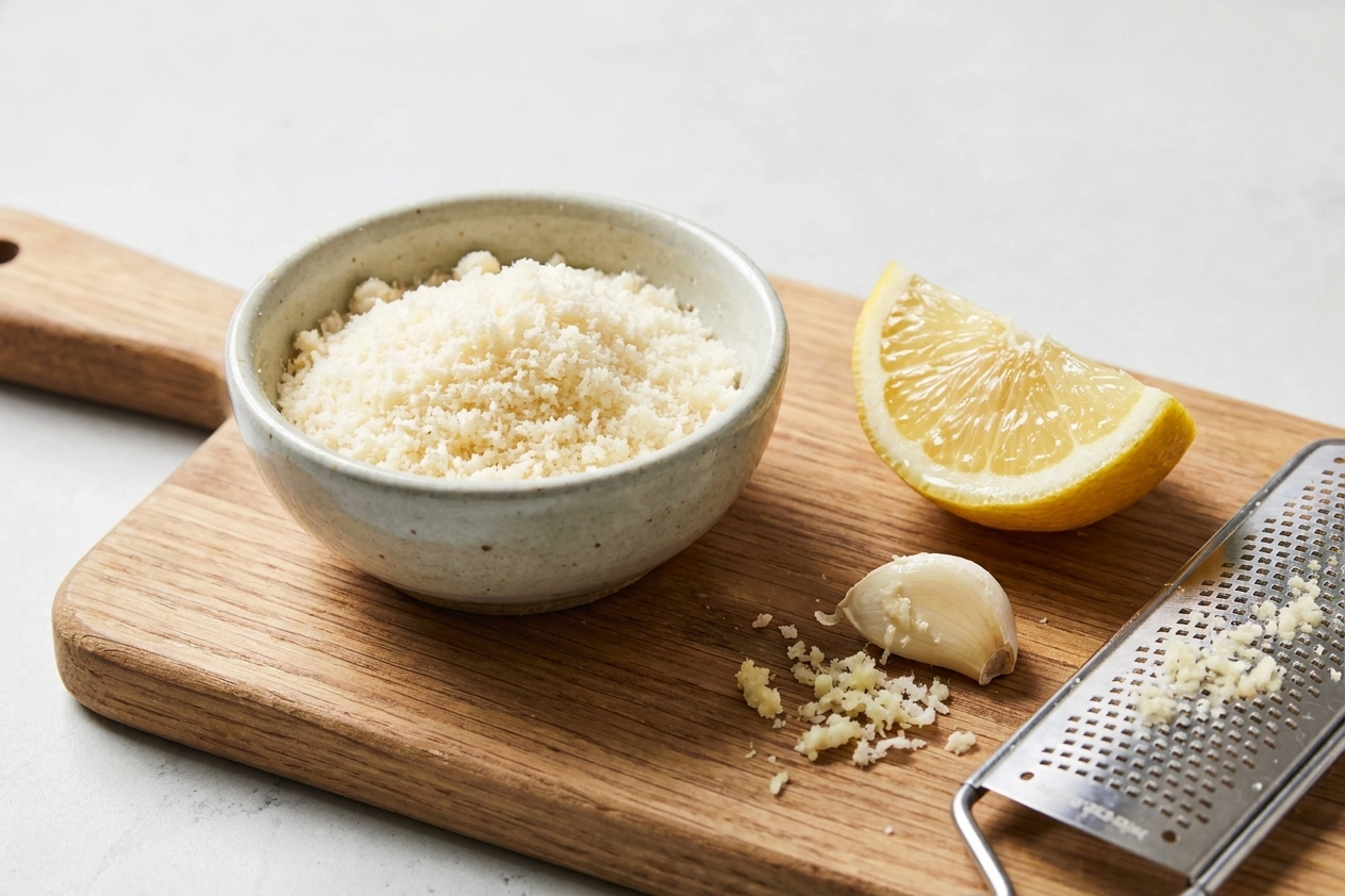 A close-up of grated Parmesan in a small bowl next to a lemon wedge and a grated garlic clove on a cutting board on a bright kitchen counter