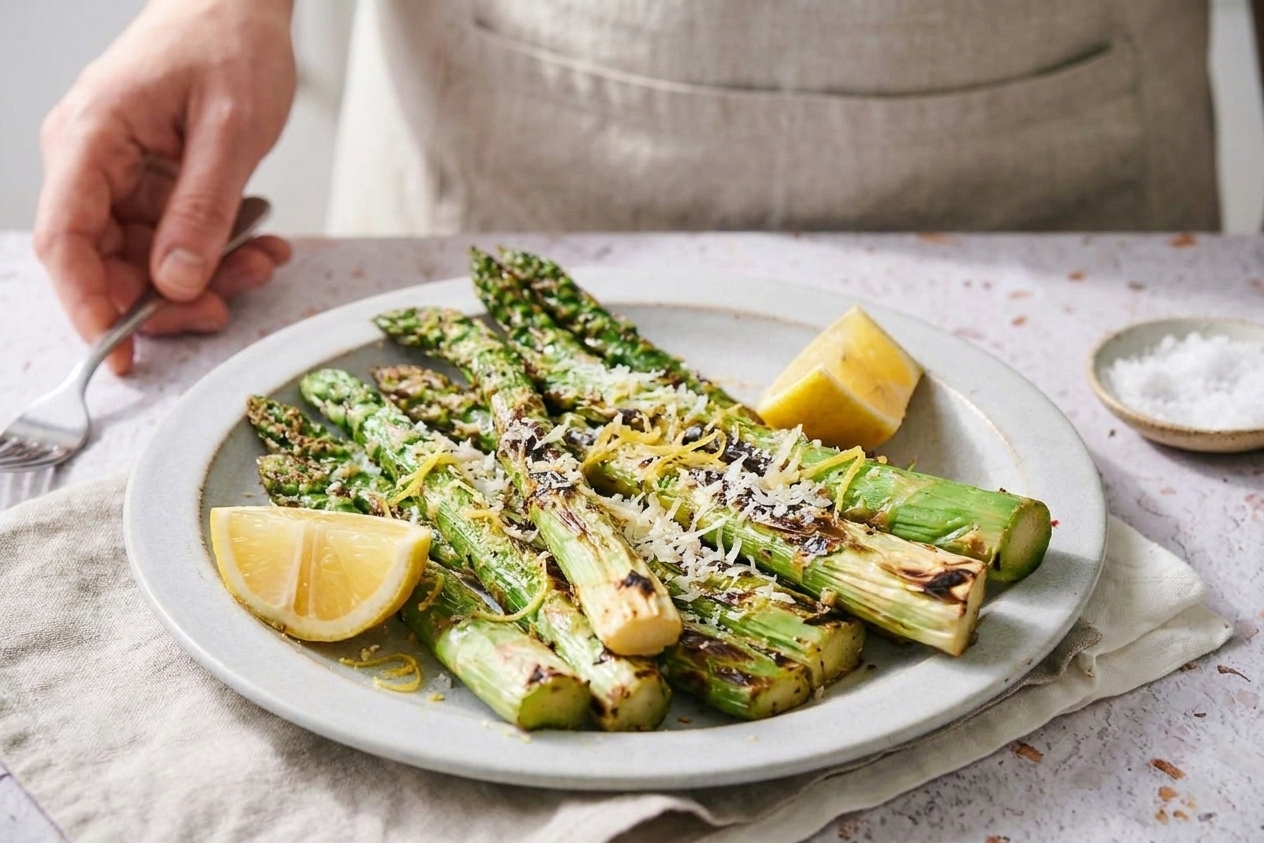 A close-up of grilled asparagus on a white serving plate topped with grated Parmesan and lemon zest on a dinner table