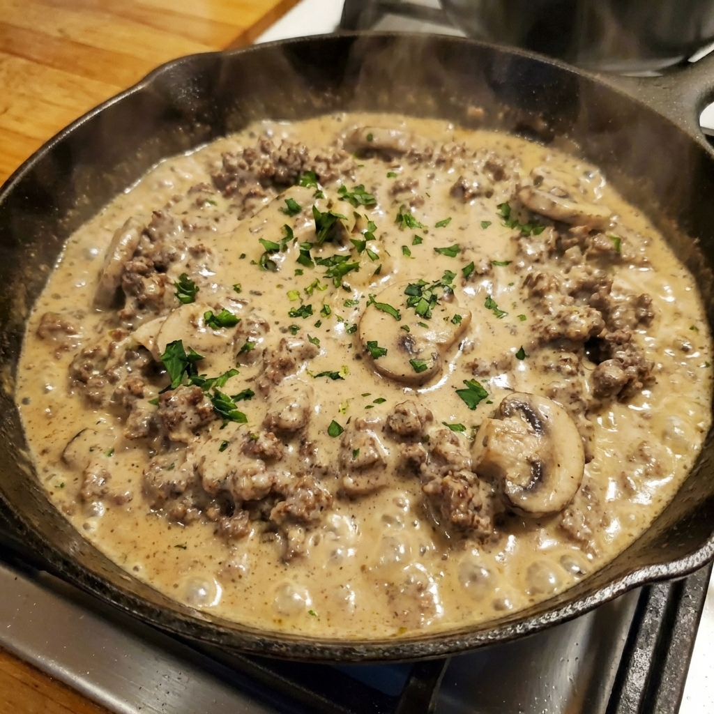 A close-up of ground beef stroganoff sauce bubbling gently in a skillet with sliced mushrooms