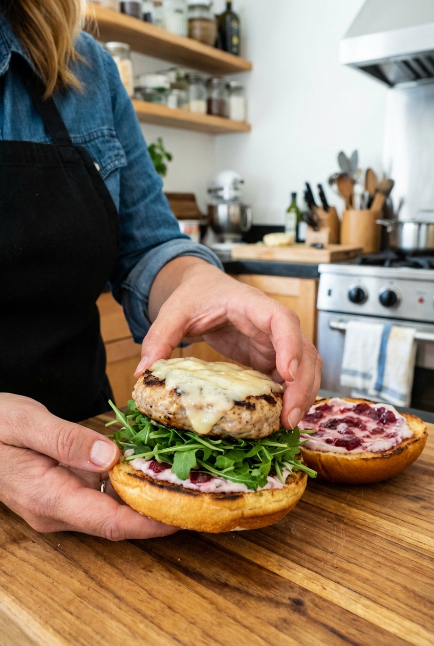 A close-up of hands assembling a burger with arugula, a brie-topped turkey patty, and cranberry yogurt sauce on a toasted bun