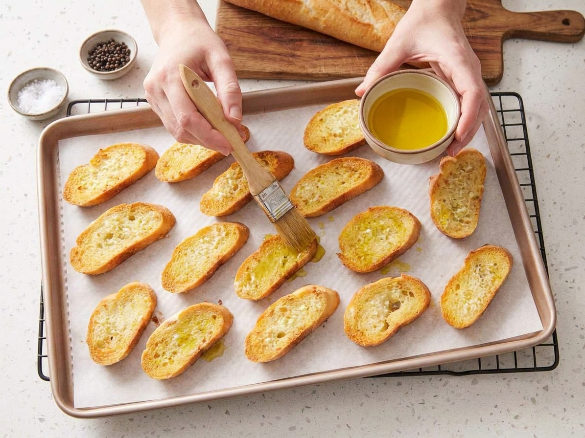 A close-up of hands brushing olive oil onto sliced baguette rounds on a parchment-lined sheet pan on a home kitchen counter