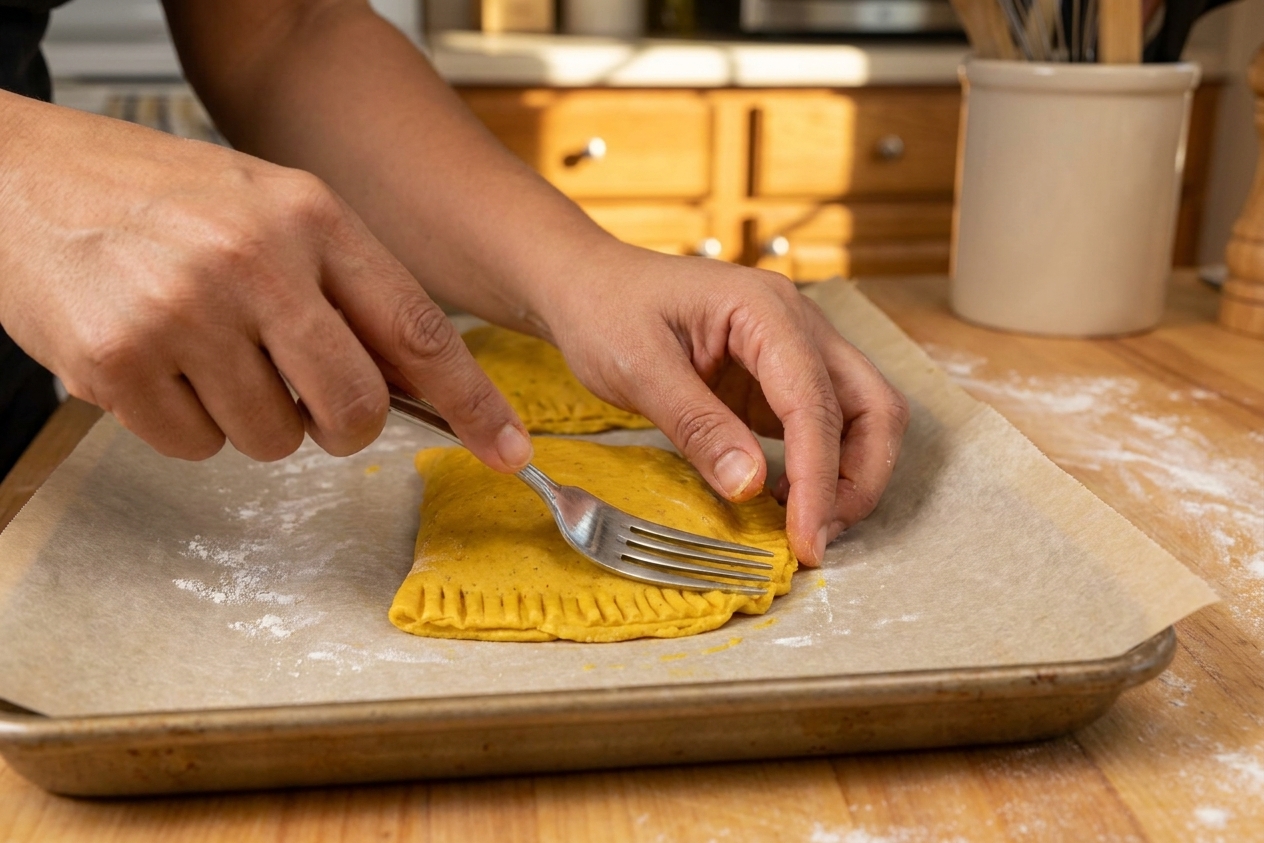 A close-up of hands crimping the edge of an unbaked Jamaican patty with a fork on a parchment-lined baking sheet on a home kitchen counter