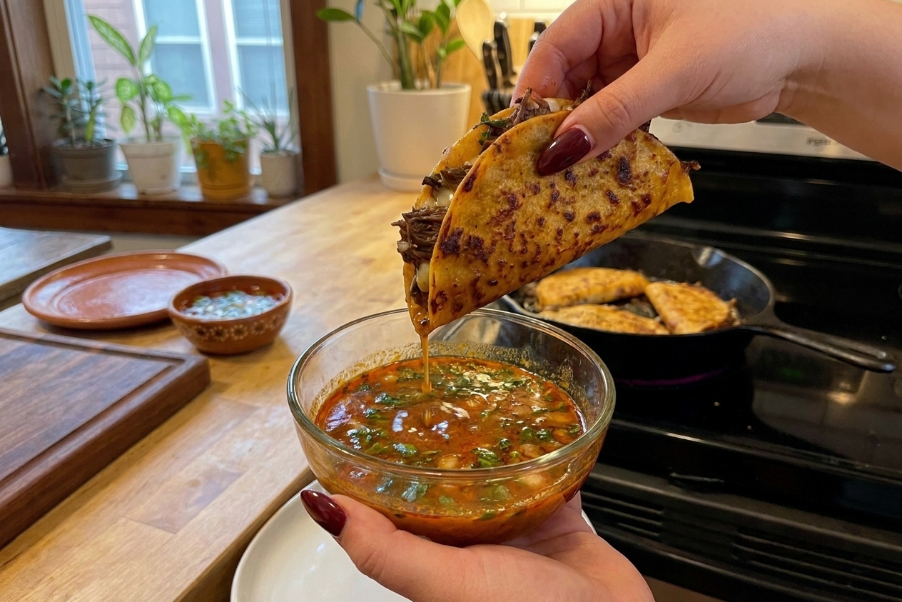 A close-up of hands dipping a crispy quesabirria taco into a small bowl of red broth, with drips falling back into the bowl and a skillet in the background