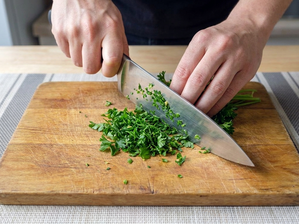 A close-up of hands finely chopping flat-leaf parsley on a wooden cutting board with a chef's knife