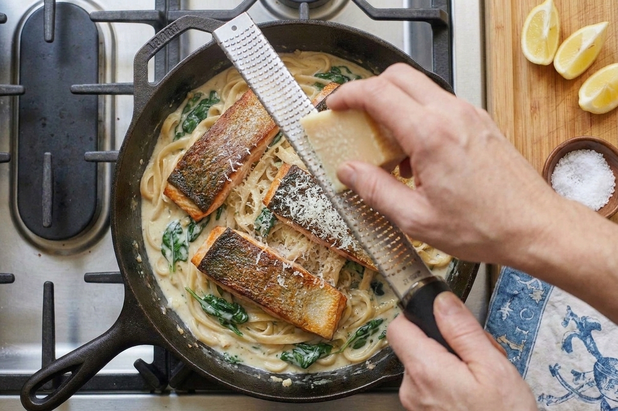 A close-up of hands grating Parmesan over a skillet of creamy salmon pasta on a stovetop, warm kitchen lighting