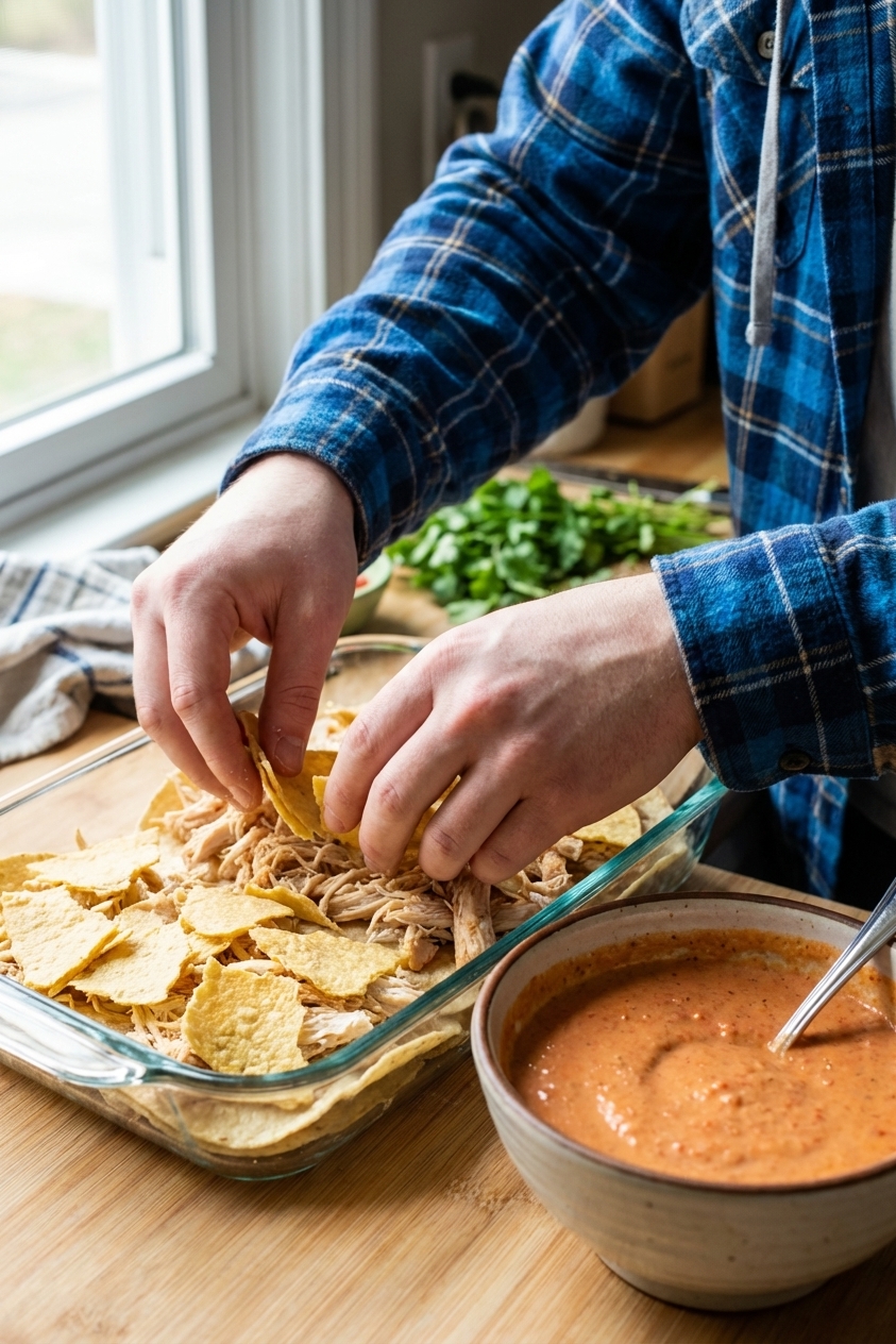 A close-up of hands layering shredded chicken and torn corn tortillas into a glass baking dish, with a bowl of creamy tomato-chile sauce nearby, natural window light, photorealistic food photography