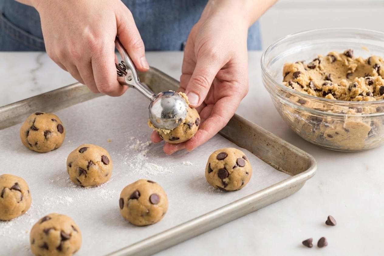 A close-up of hands portioning chocolate chip cookie dough into round balls on a parchment-lined sheet pan in a home kitchen