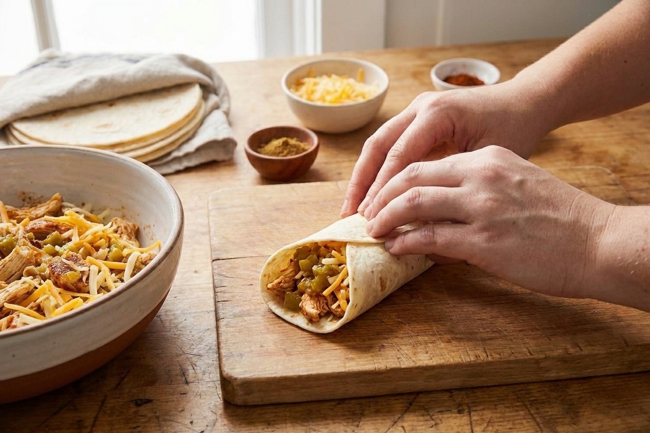 A close-up of hands rolling a flour tortilla tightly around chicken filling on a wooden cutting board