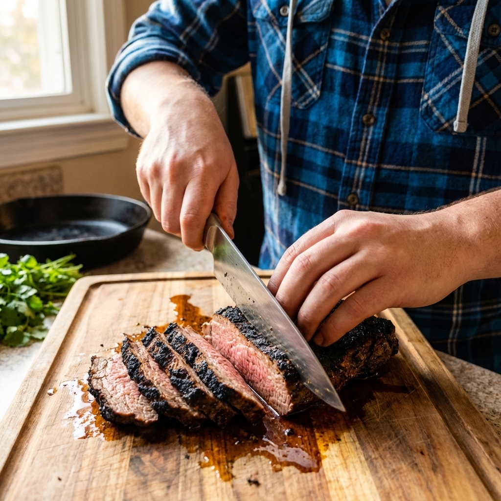 A close-up of hands slicing rested carne asada thinly against the grain on a wooden cutting board, with visible charred crust and juices, real food photography