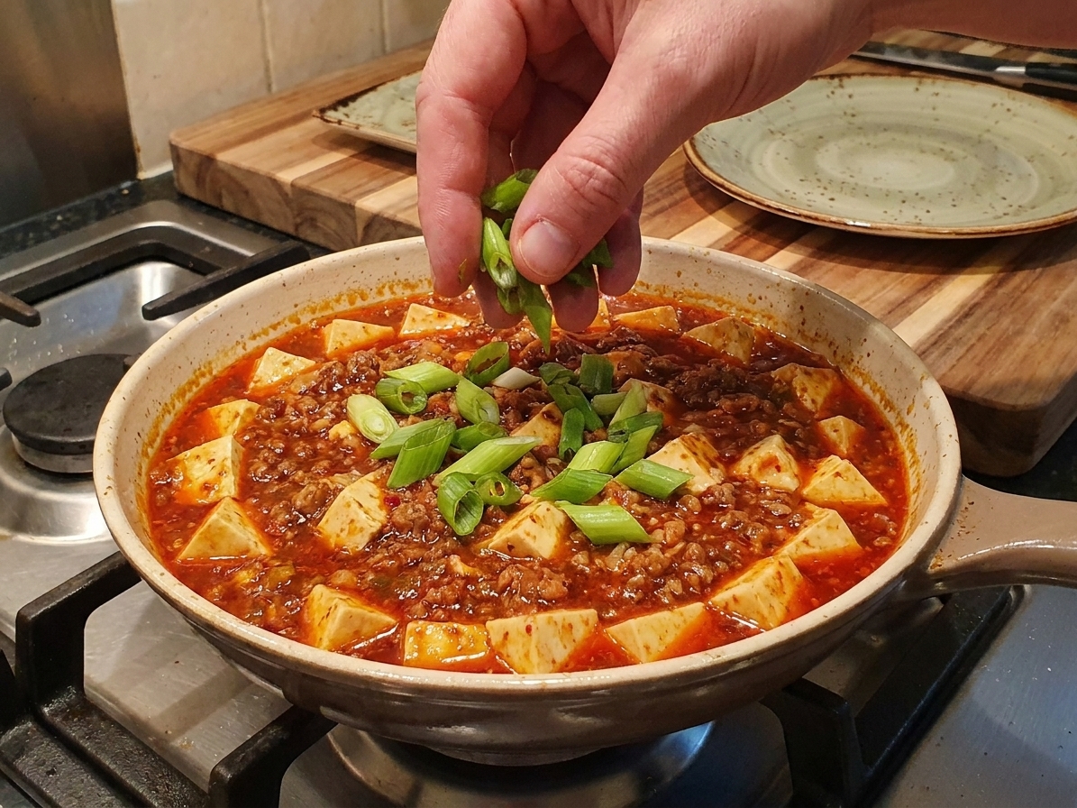 A close-up of hands sprinkling sliced scallions over a pan of finished mabo tofu on a stovetop, warm kitchen lighting