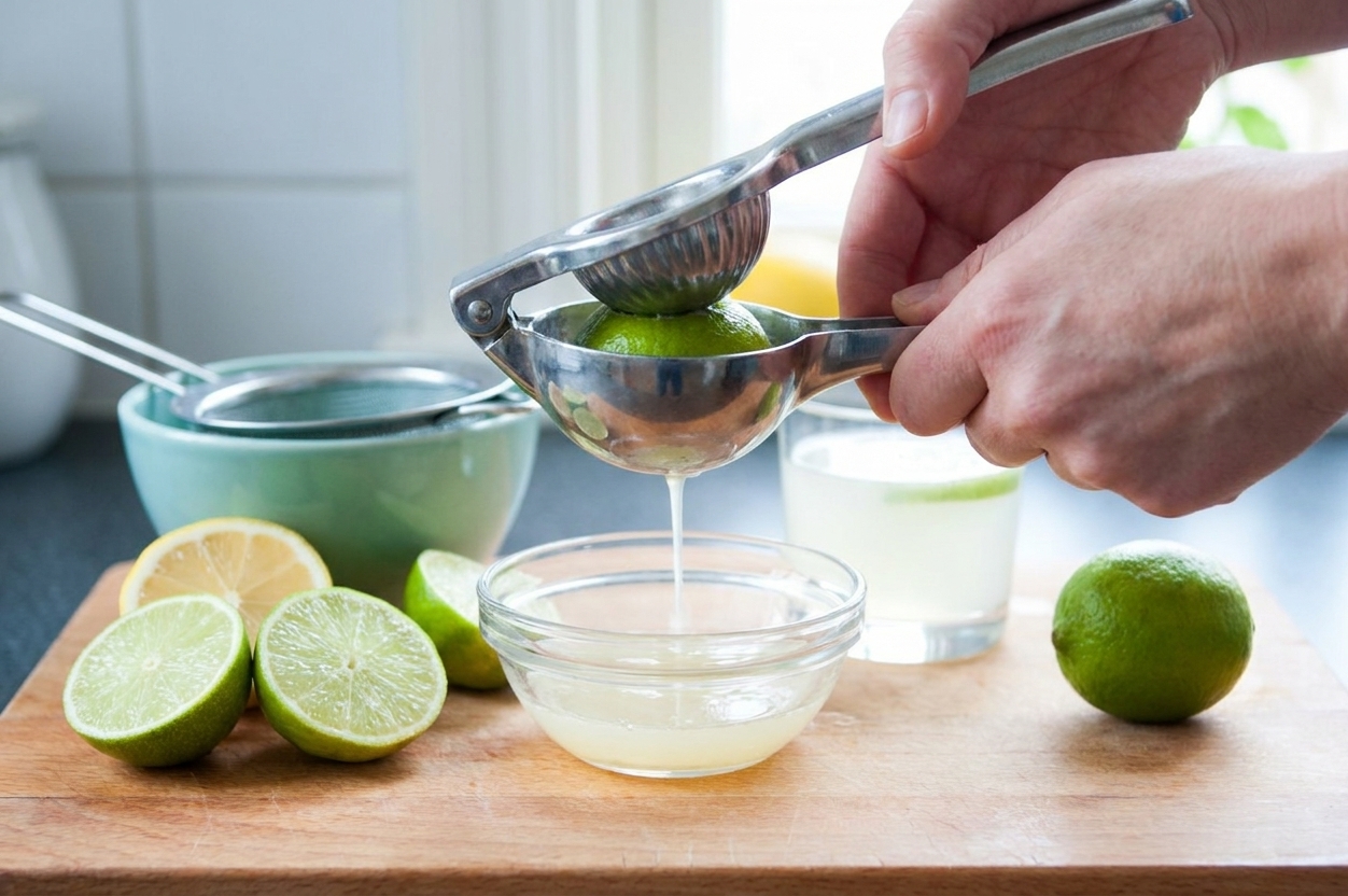 A close up of hands squeezing halved limes on a handheld citrus juicer over a bowl on a kitchen counter