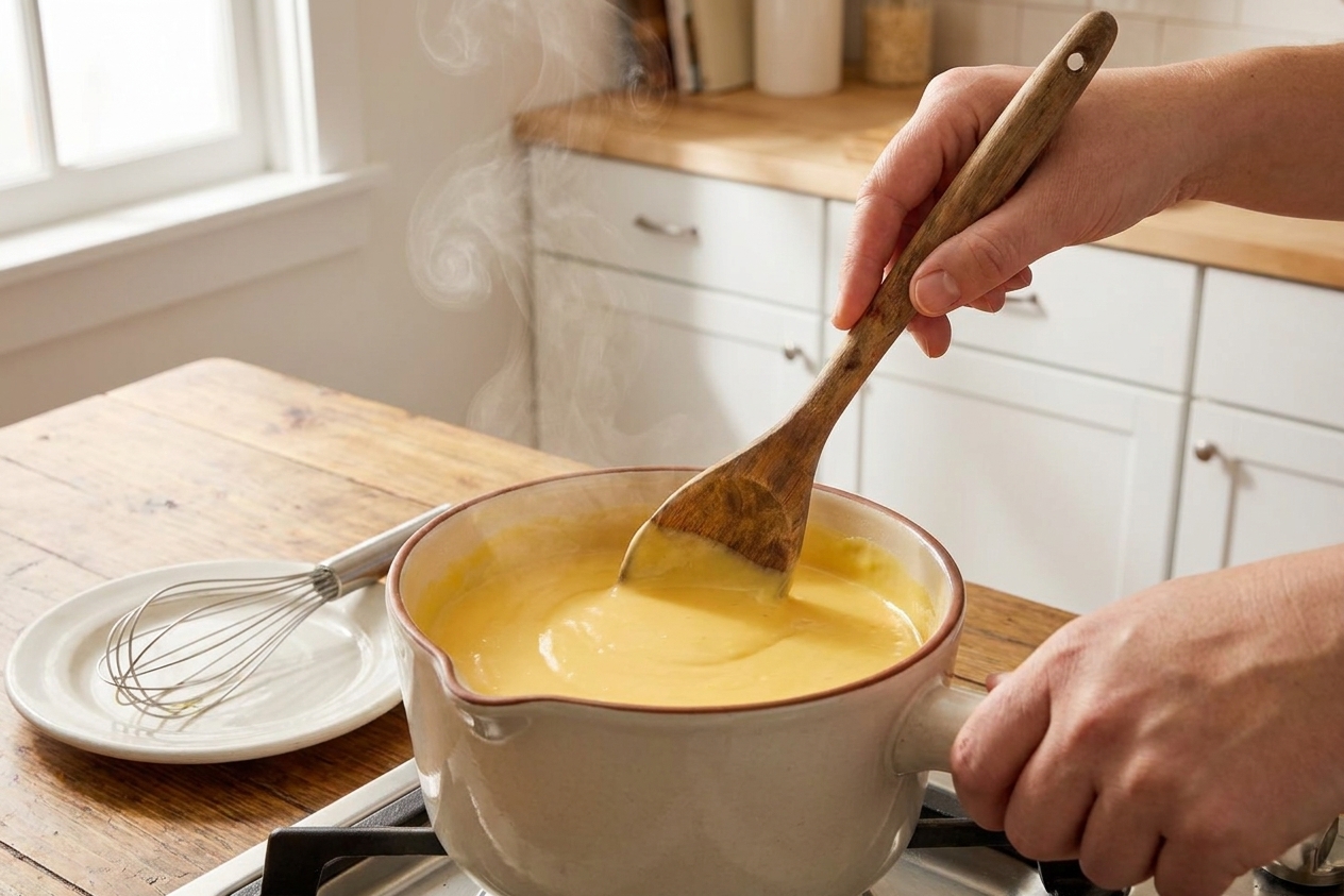 A close-up of hands stirring a smooth cheesy sauce in a saucepan on a stovetop, with steam rising and a whisk resting nearby