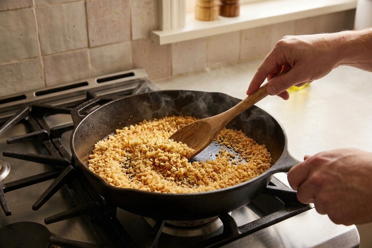 A close-up of hands stirring garlic breadcrumbs in a skillet on a home stove, with the crumbs turning golden in warm kitchen light