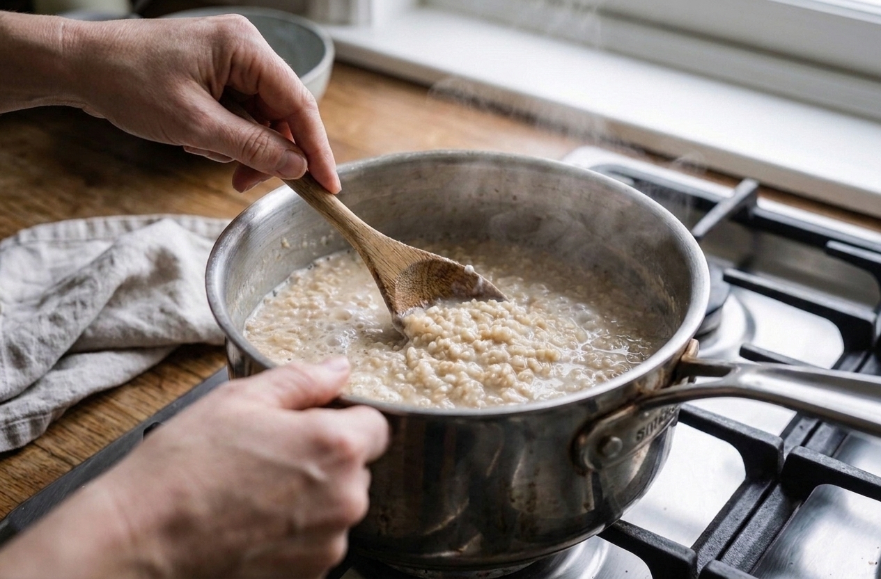 A close-up of hands stirring thick Irish oats in a saucepan on the stove with steady kitchen lighting