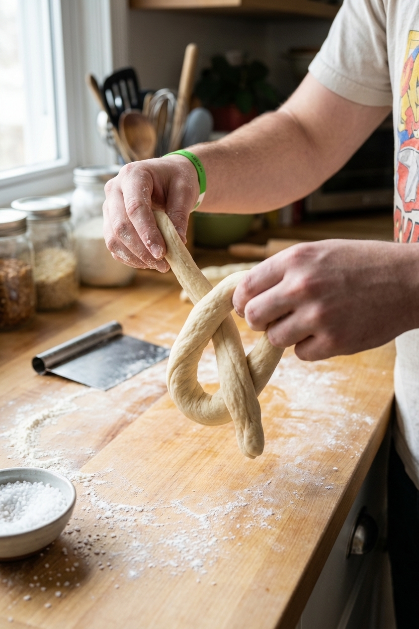 A close-up of hands twisting a rope of pretzel dough into a classic pretzel shape on a floured counter