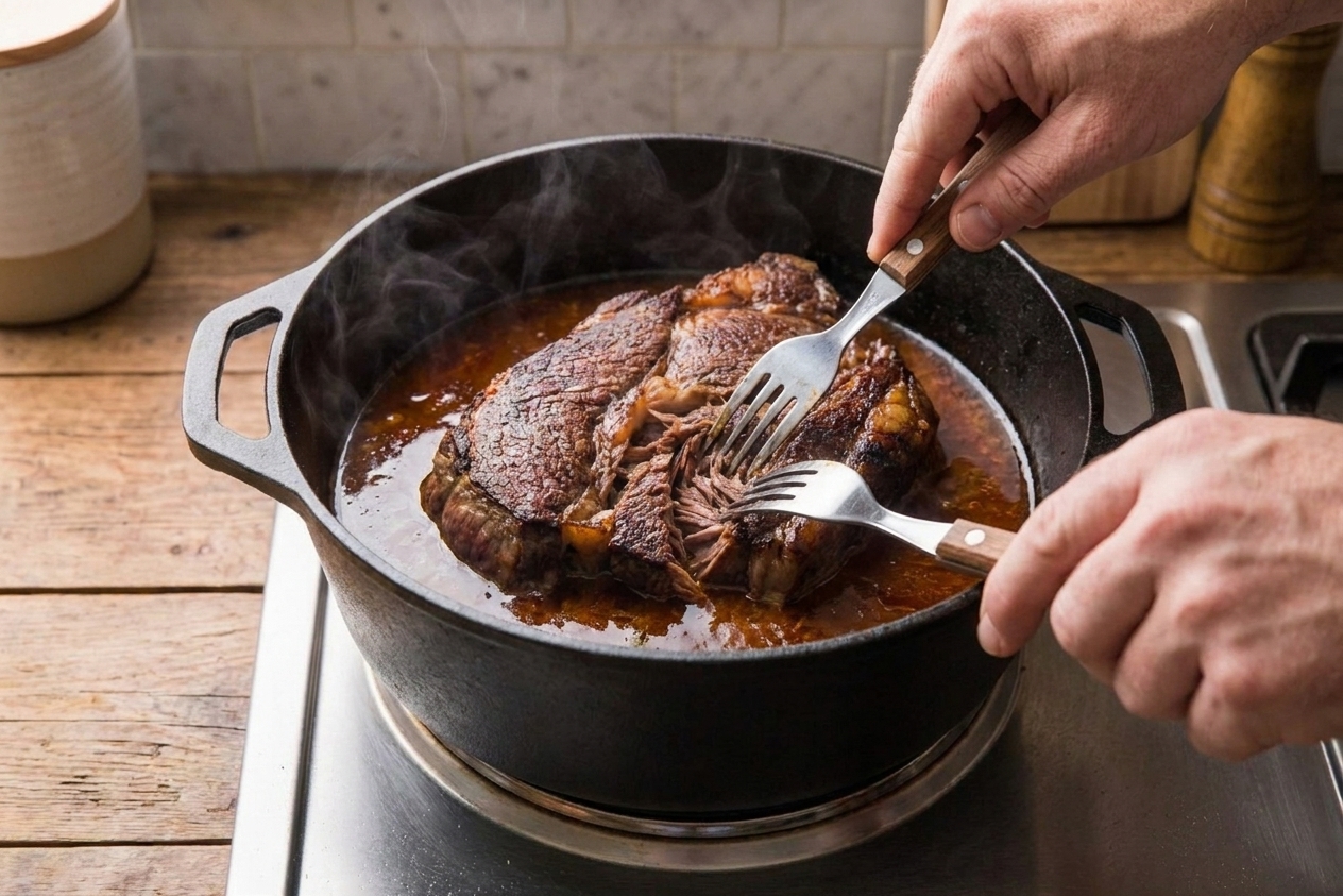 A close-up of hands using two forks to shred tender barbacoa beef in a pot with reddish cooking juices on a stovetop