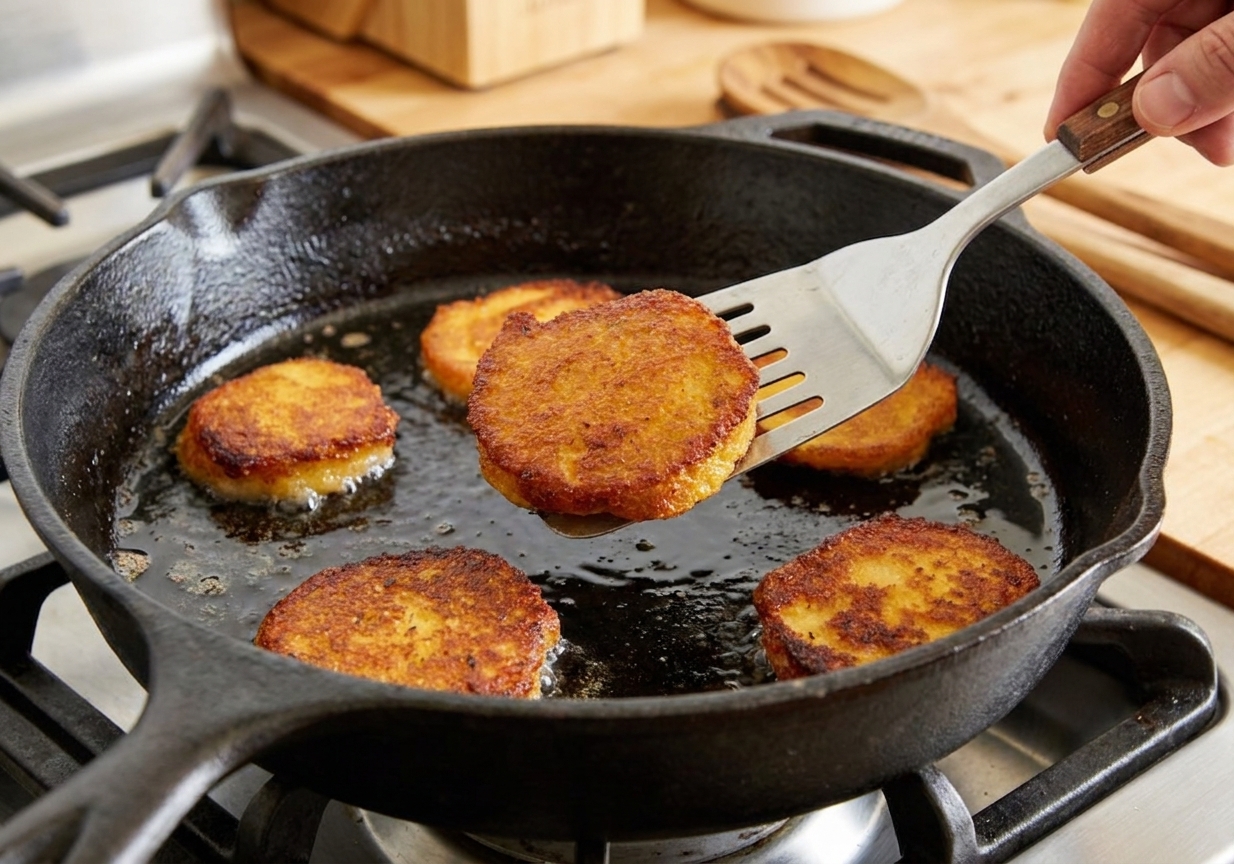 A close-up of hot water cornbread cakes frying in a cast iron skillet as a spatula flips one cake to reveal a deep golden crust