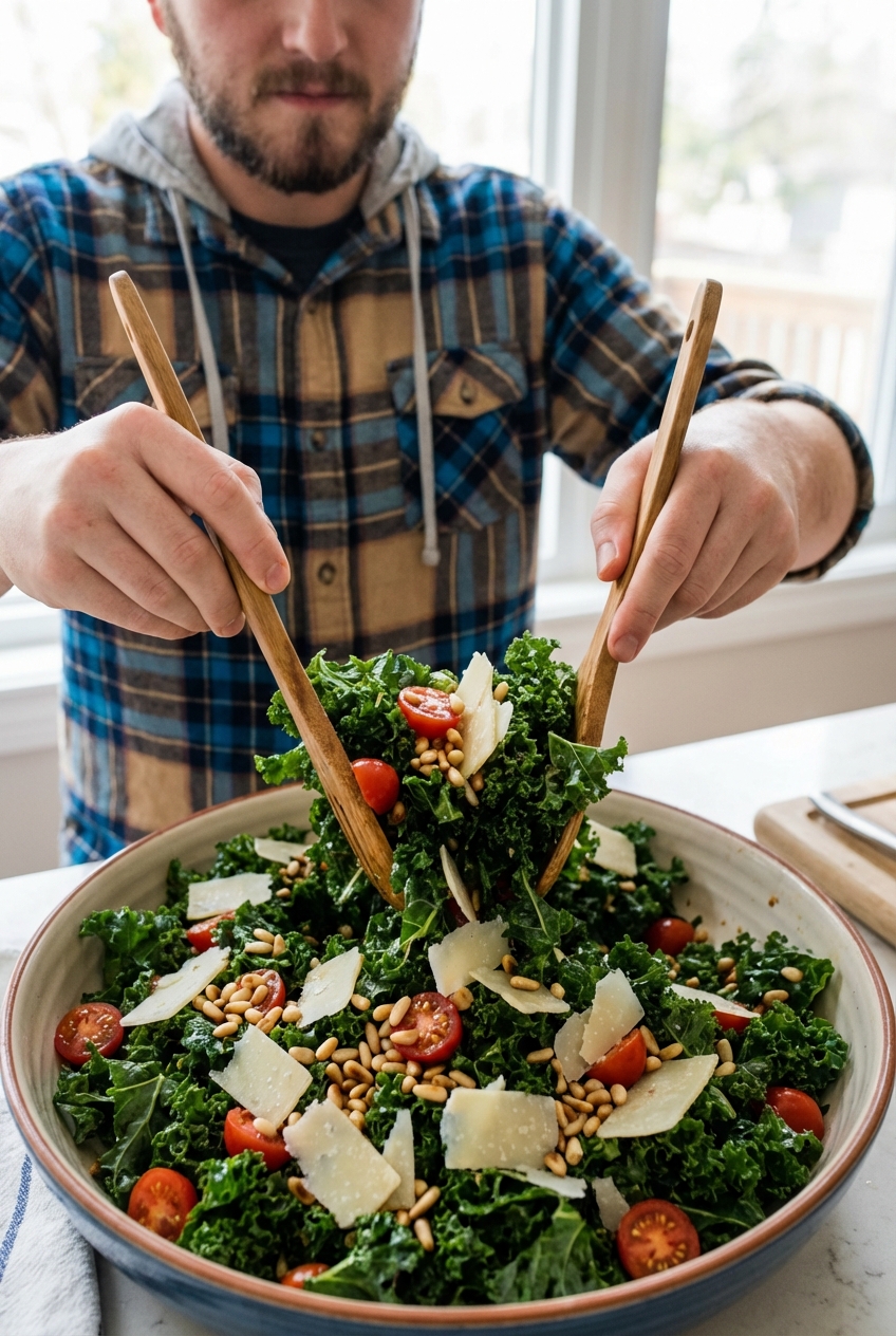 A close-up of kale salad being tossed with cherry tomatoes, toasted nuts, and Parmesan in a large bowl