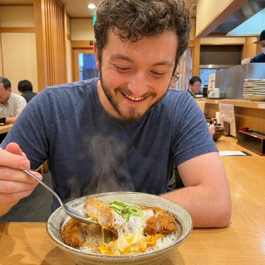 A close-up of katsudon being served, with sliced crispy cutlet and soft egg spooned over steaming white rice in a ceramic bowl