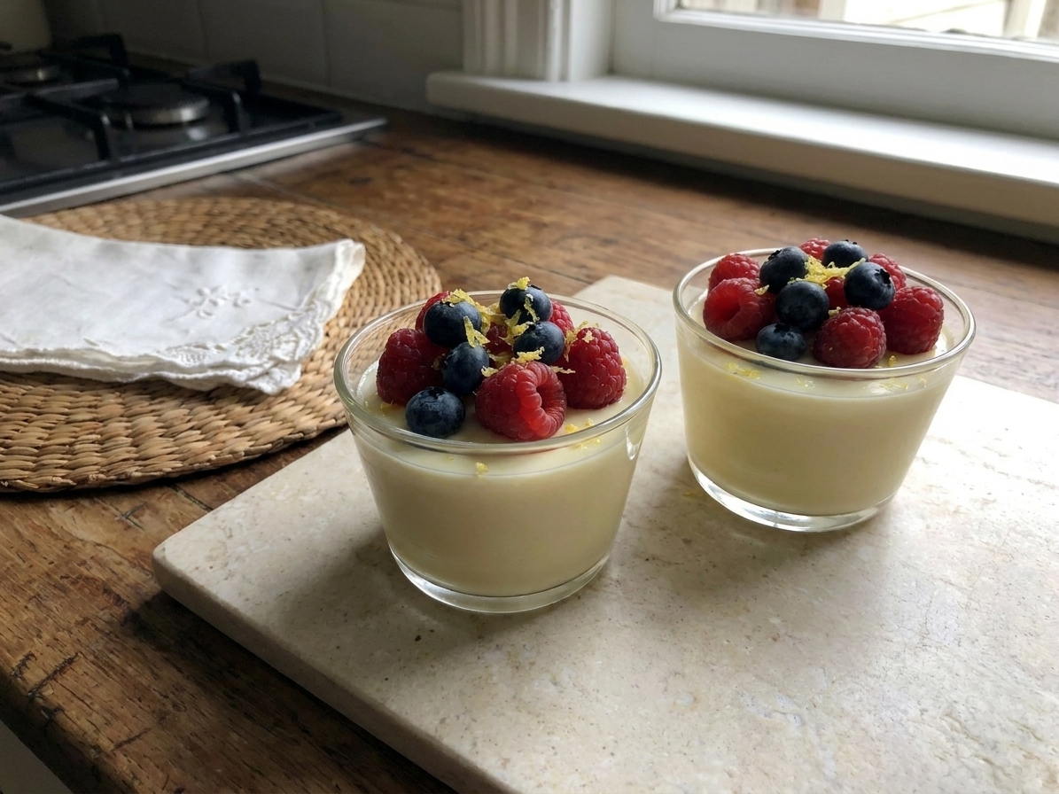 A close-up of lemon posset set in small glass cups, topped with fresh berries and a little lemon zest on a light stone countertop