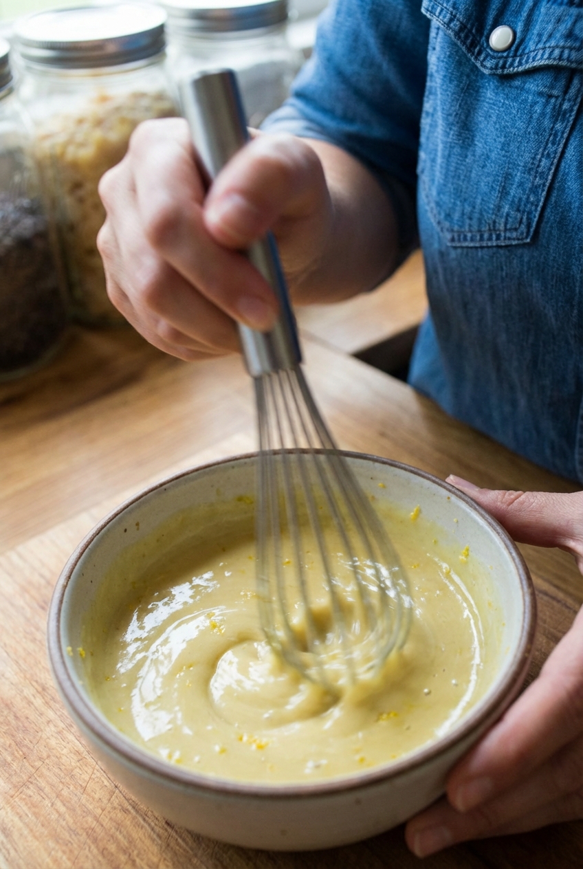 A close-up of lemon tahini dressing being whisked in a small bowl until glossy