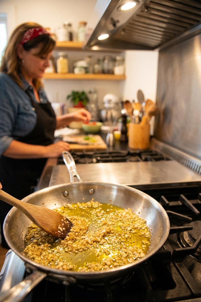 A close up of minced garlic sizzling in olive oil in a stainless steel skillet on a stovetop, with a wooden spoon stirring, warm kitchen lighting, photorealistic cooking photography