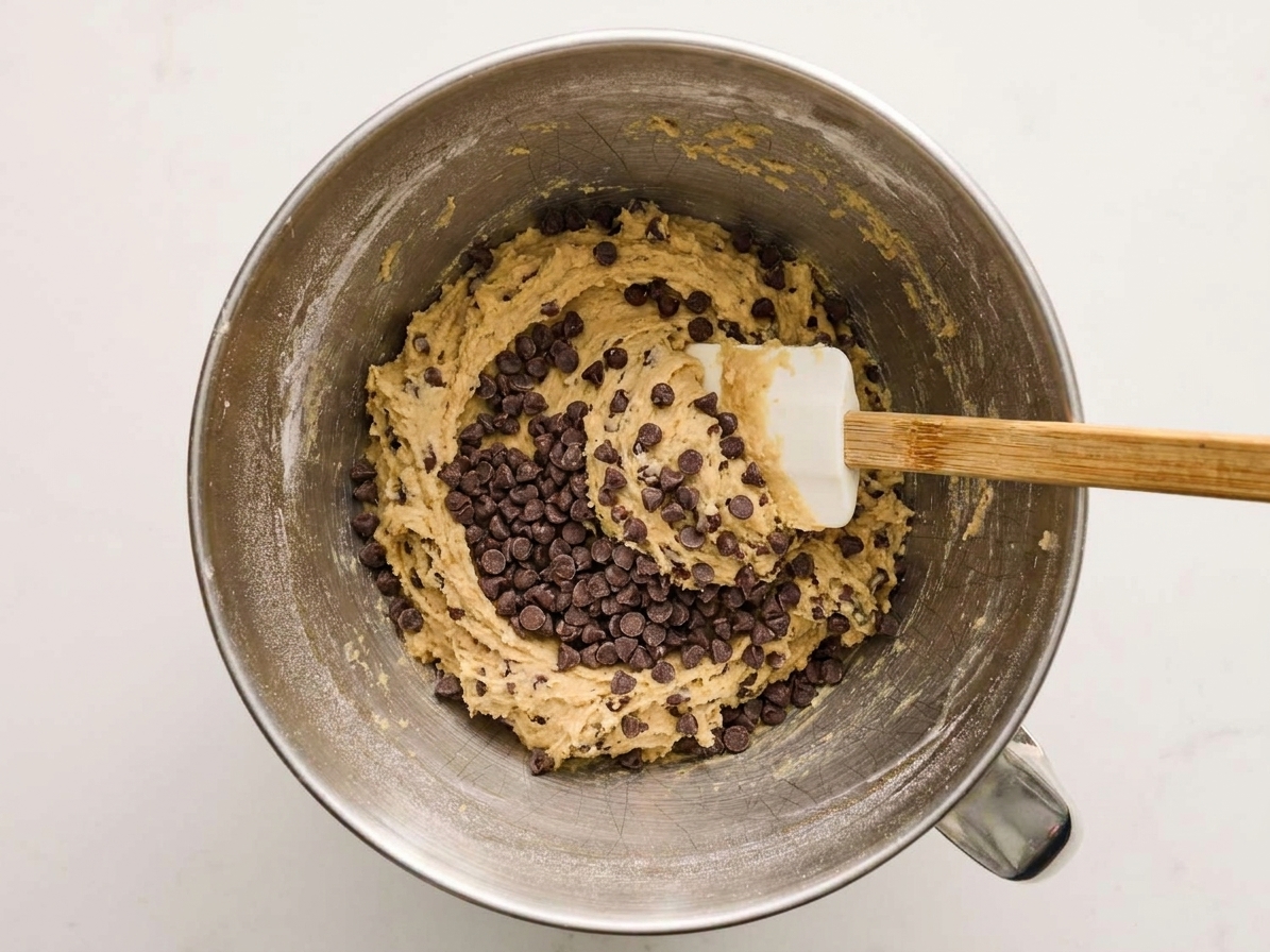 A close-up of mini chocolate chips being folded into edible cookie dough in a mixing bowl with a silicone spatula