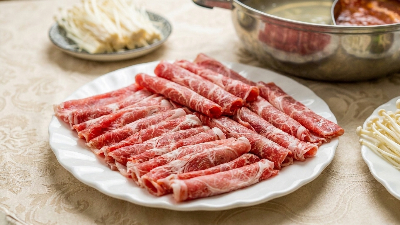 A close-up of neatly fanned thinly sliced ribeye beef on a white plate, ready for shabu shabu