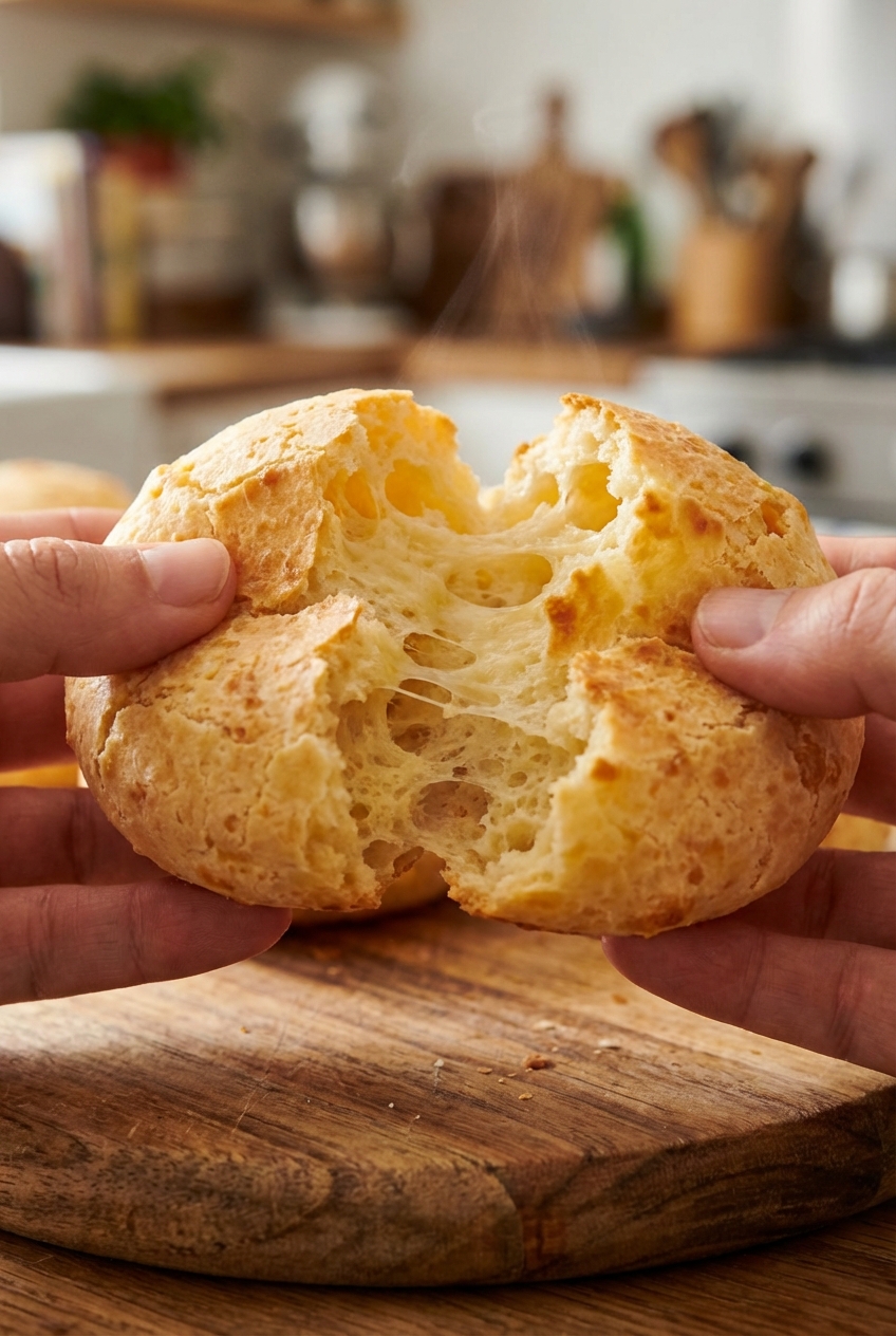 A close-up of one Brazilian cheese bread torn open to show a stretchy, airy, chewy interior with steam rising