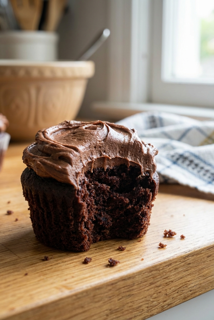 A close-up of one chocolate cupcake with a bite taken out, showing a moist dark crumb and thick chocolate frosting