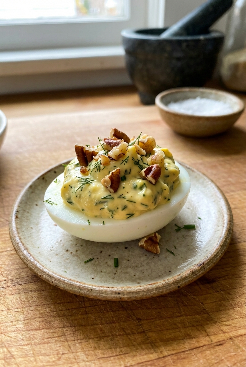 A close-up of one deviled egg with a creamy herb-speckled filling and a sprinkle of chopped toasted nuts