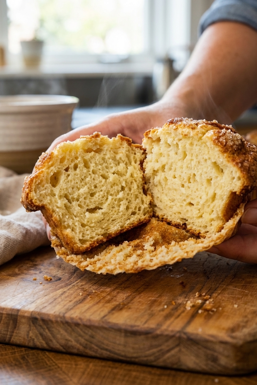 A close-up of one sourdough discard muffin split open to show a fluffy crumb and crisp sugary top