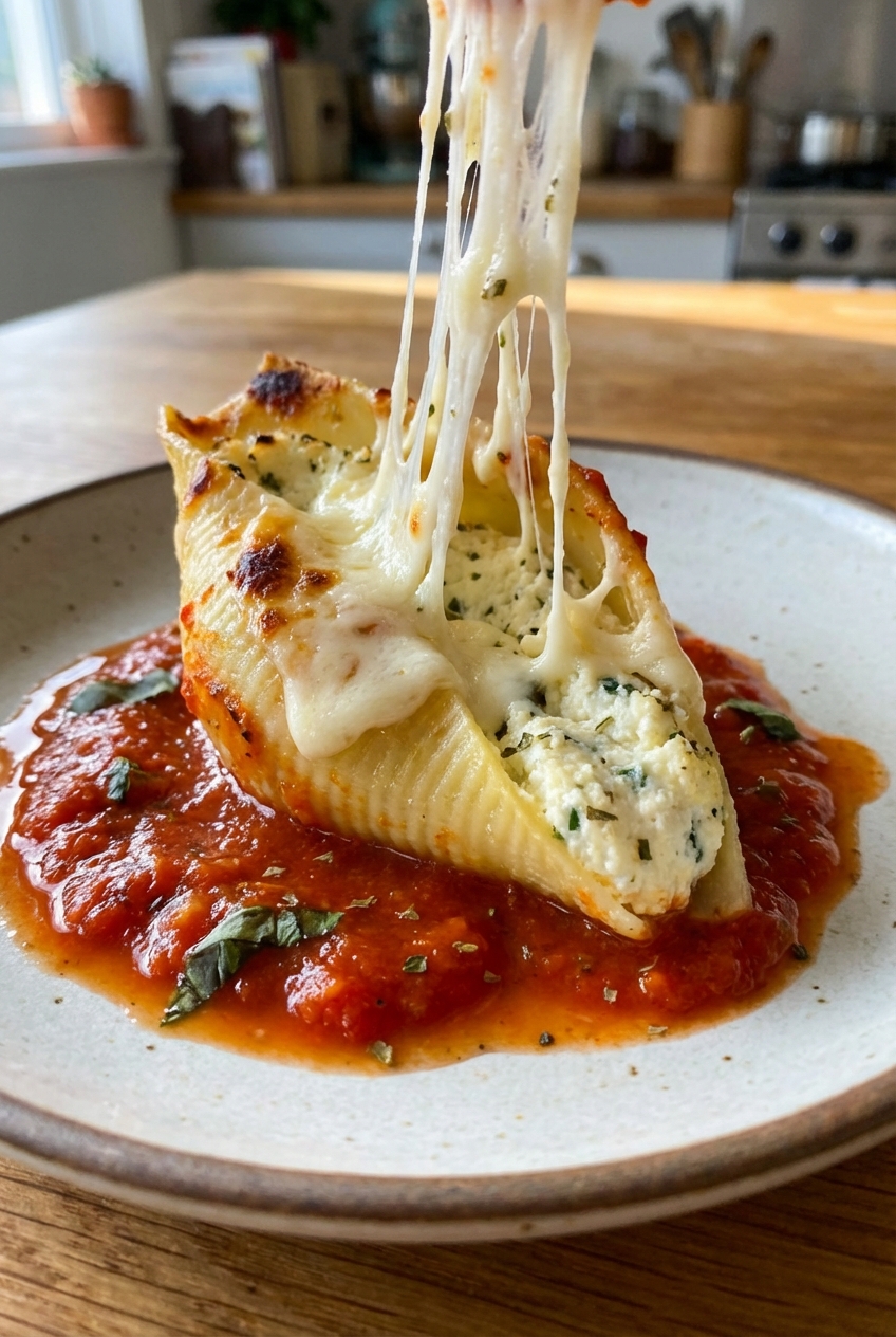 A close-up of one stuffed shell on a plate with melted cheese stretching and marinara sauce pooled around it