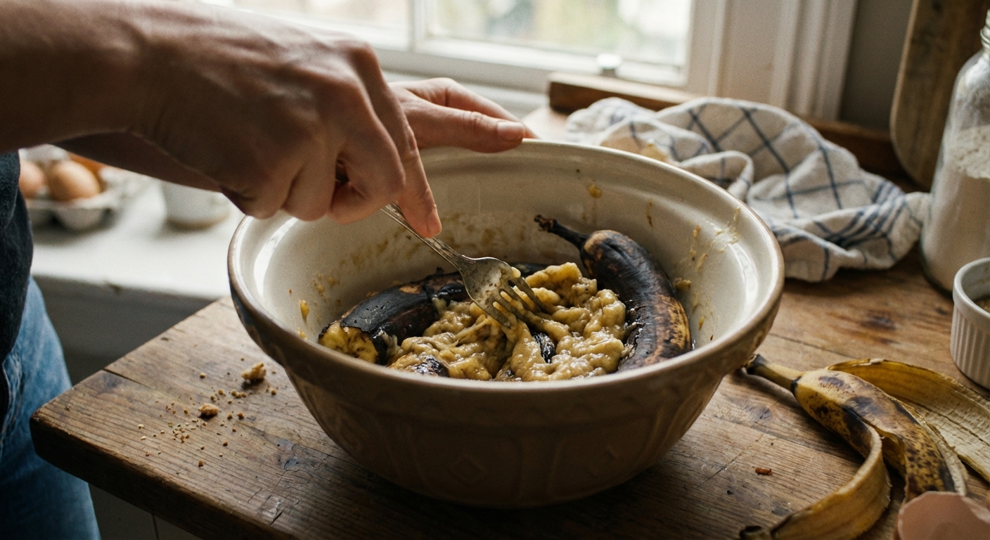 A close-up of overripe bananas being mashed with a fork in a mixing bowl on a wooden countertop, casual home kitchen lighting, photorealistic food photography