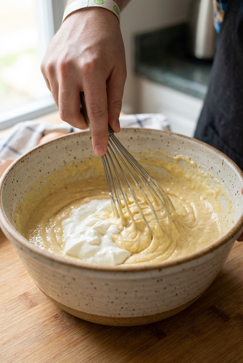 A close-up of pancake batter being whisked in a ceramic bowl with Greek yogurt visible in the mixture