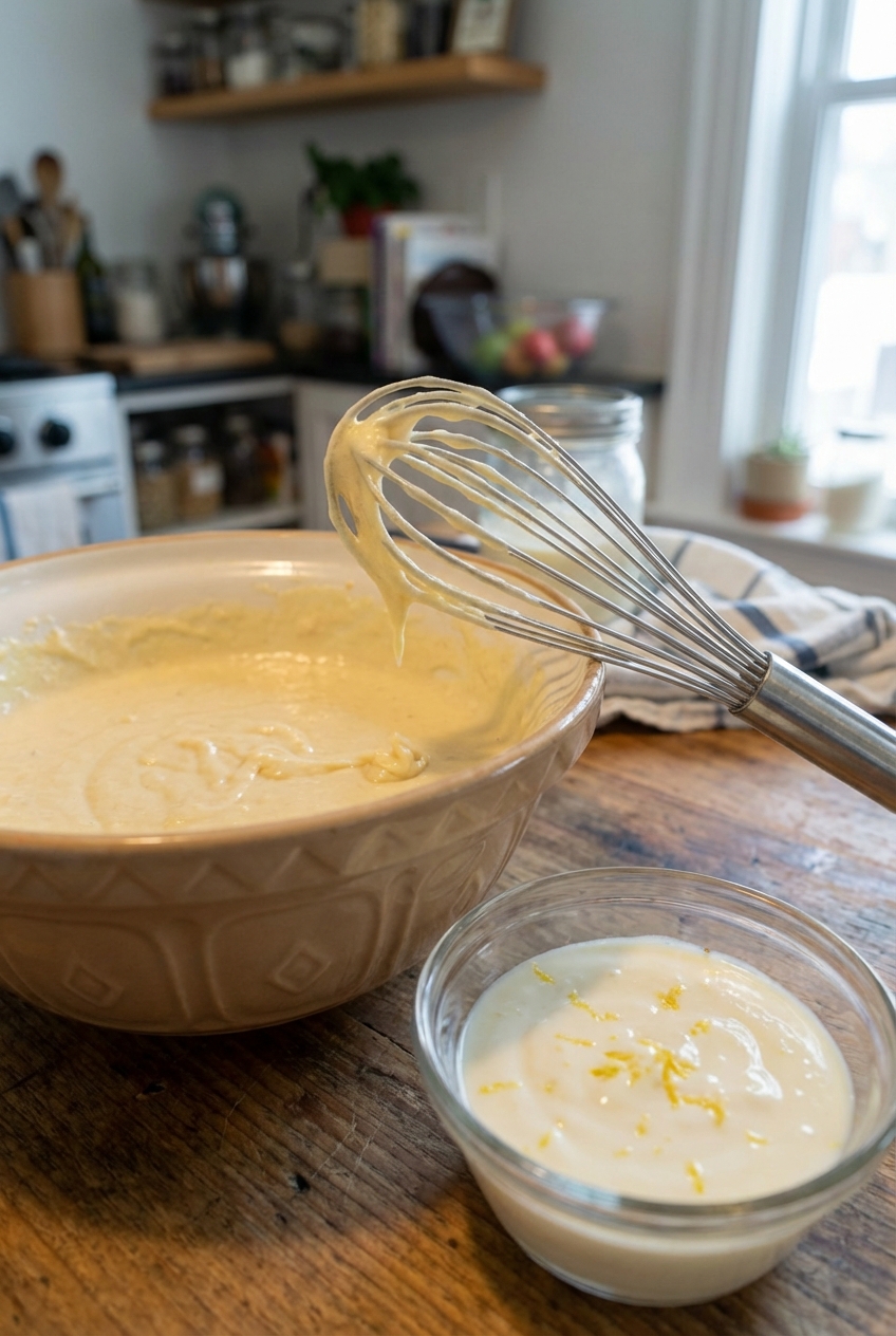 A close-up of pancake batter in a mixing bowl with a whisk resting on the rim and a small bowl of lemon yogurt sauce nearby